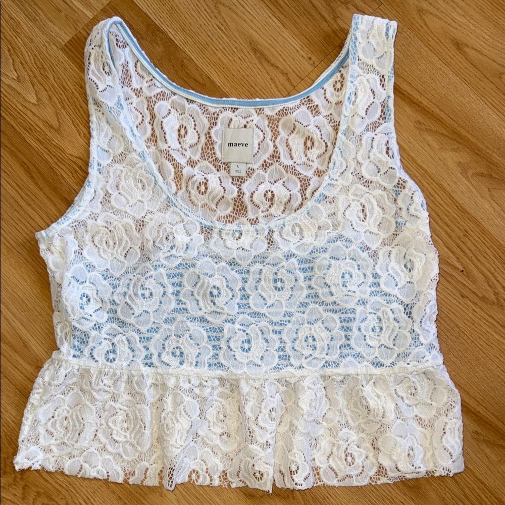 Maeve White Lace Overlay Peplum Top Size Large Blue Stripped details